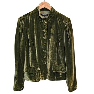 Karen Kane Velvet Blazer 8 Olive Green Silk Blend Mandarin Collar Regencycore